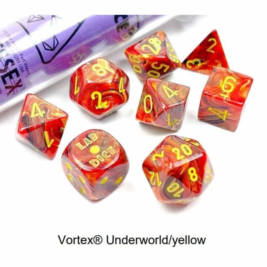 Chessex Lab Dice Vortex Underworld/Yellow Poly 7 Set | Odin's Place