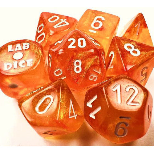 Chessex Lab Dice 6 Borealis: Blood Orange/White Luminary Poly 7 Set w Bonus Die | Odin's Place