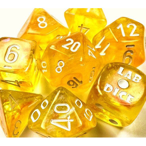 Chessex Lab Dice 6 Borealis: Canary/White Luminary Poly 7 Set w Bonus Die | Odin's Place