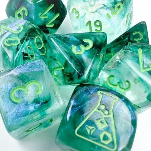 Chessex Lab Dice 6 Borealis: Kelp/Light Green Luminary Poly 7 Set w Bonus Die | Odin's Place