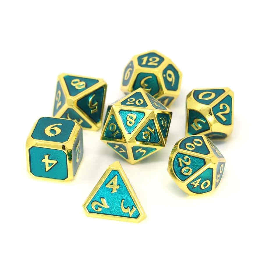 MYTHICA METAL 7CT POLY DICE SET - GOLD AQUAMARINE | Odin's Place