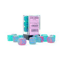 Gemini: 16mm d6 Gel Green-Pink/blue Luminary Dice Block (12 dice) | Odin's Place
