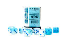 Gemini: 16mm d6 Pearl Turquoise-White/blue Luminary Dice Block | Odin's Place