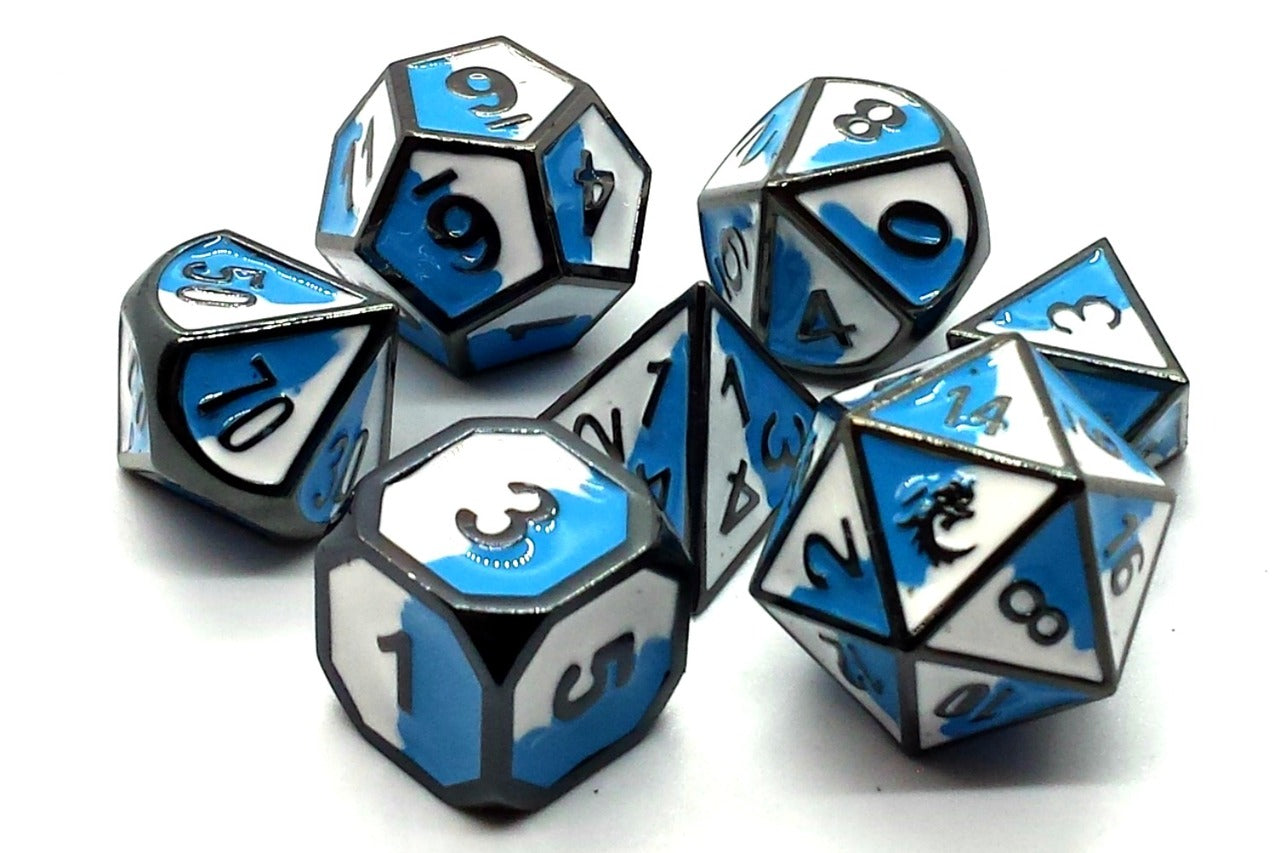 Old School Dice Dragon Forged Blue & White with Black Metal Poly 7 Set | Odin's Place