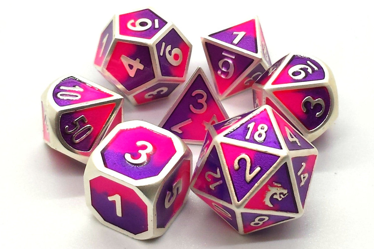 Old School Dice Dragon Forged Platinum Purple and Pink Metal Poly 7 Set | Odin's Place