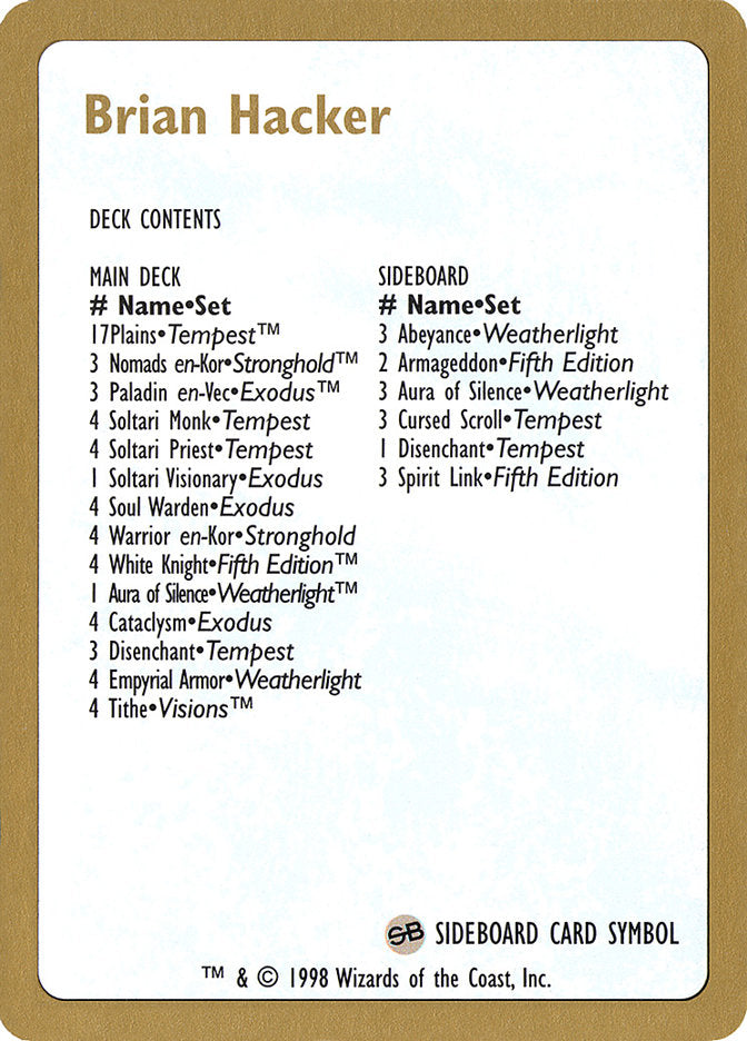 Brian Hacker Decklist [World Championship Decks 1998] | Odin's Place