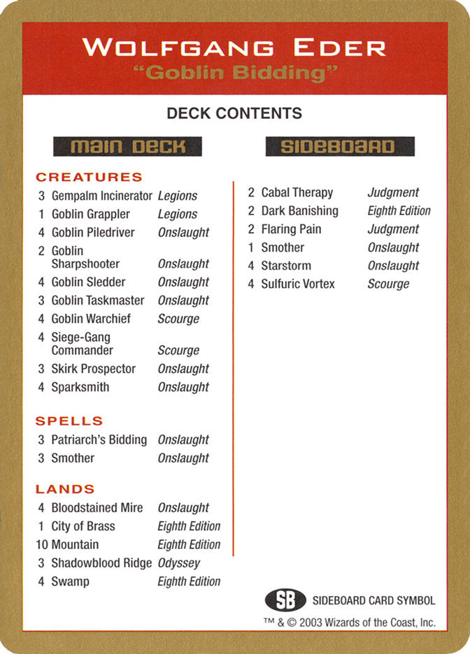 Wolfgang Eder Decklist [World Championship Decks 2003] | Odin's Place