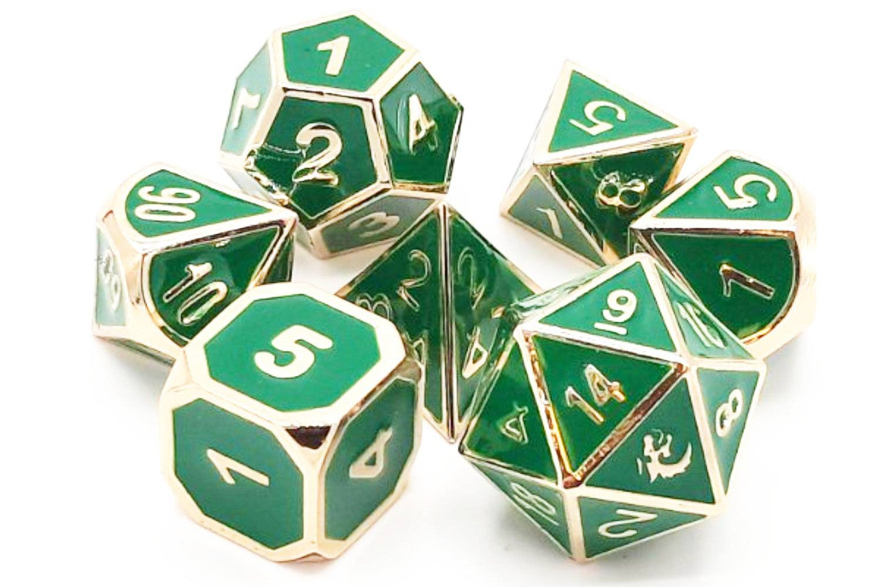 Old School Dice Elven Forged Green with Gold Metal Poly 7 Set | Odin's Place