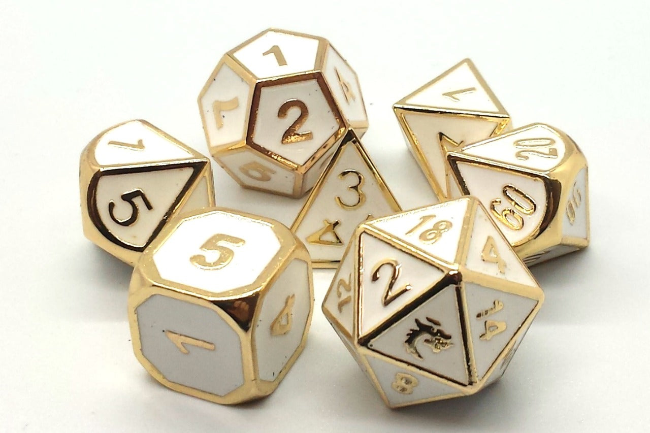 Old School Dice Elven White Gold Poly 7 Set | Odin's Place