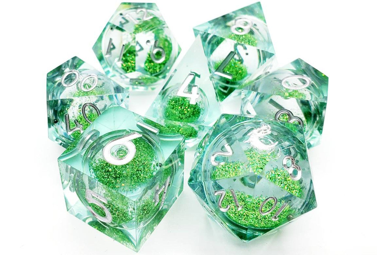 Old School Dice Sharp Edged Liquid Infused Emerald Fury Poly 7 Dice Set | Odin's Place