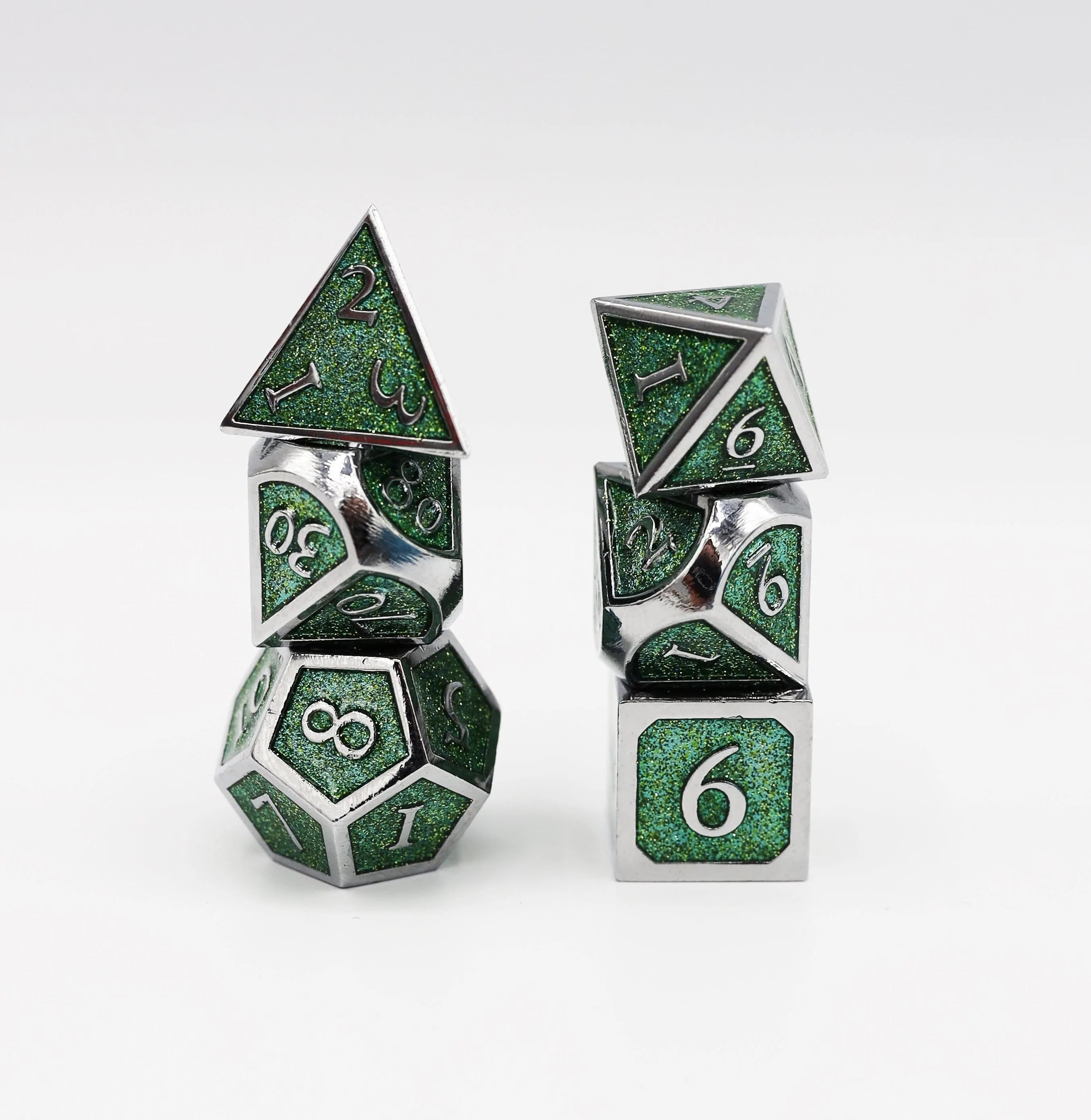 Foam Brain Poly 7 Metal Dice Set: Silver with Emerald Glitter | Odin's Place