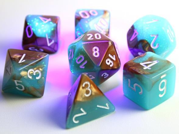 Chessex Lab Dice 3 Gemini Luminary Copper/Turquoise/White Poly 7 Set | Odin's Place