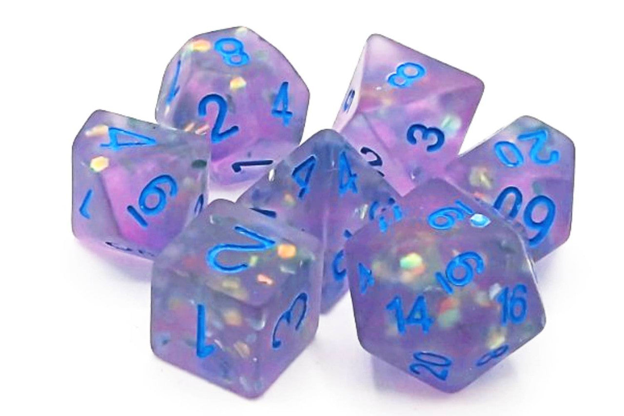 Old School Dice Infused - Frosted Firefly Lavender with Blue Poly 7 Set | Odin's Place