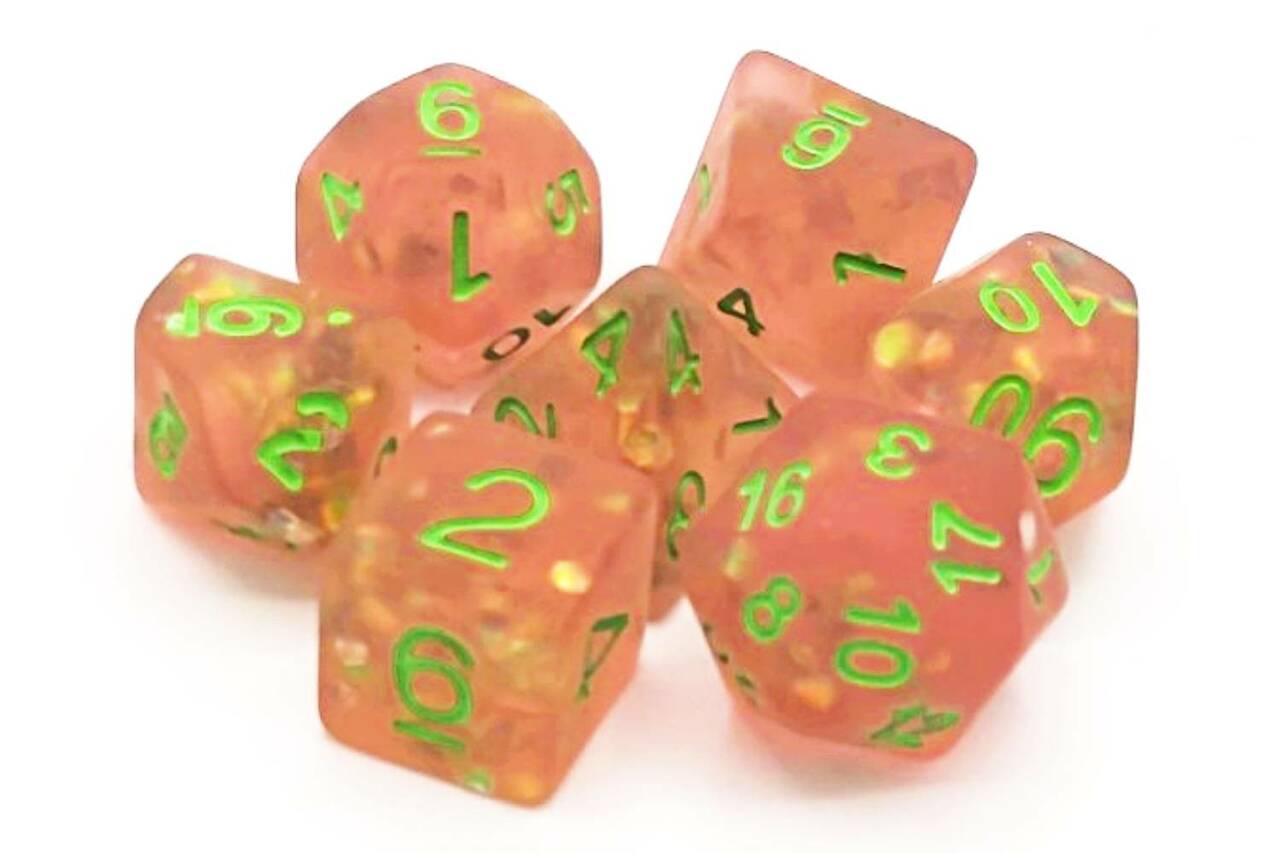 Old School Dice: Infused - Frosted Firefly Pink with Green Poly 7 Set | Odin's Place
