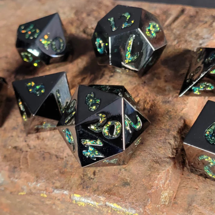 Forged Gaming Forged Lore Gunmetal with Green Mica Metal Poly 7 Dice Set | Odin's Place