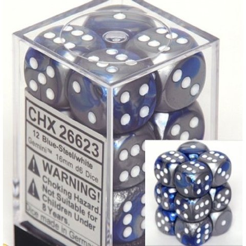 Chessex Gemini Blue and Steel with White 16mm d6 Set | Odin's Place