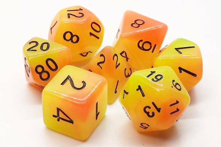 Old School Dice Glow Orange & Yellow Poly 7 Set | Odin's Place