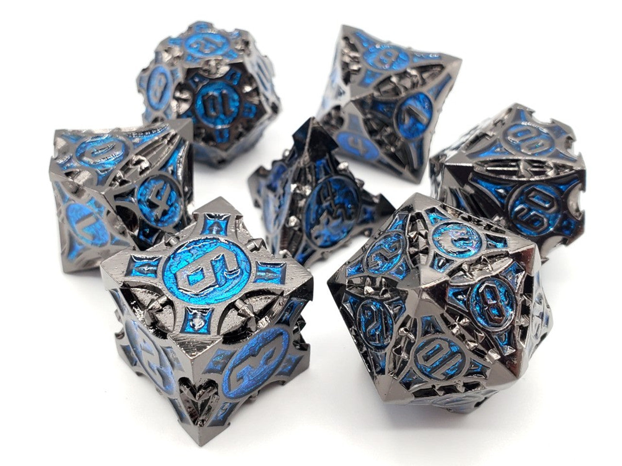 Old School Dice Gnome Forged Black Nickel with Blue Metal Poly 7 Set | Odin's Place
