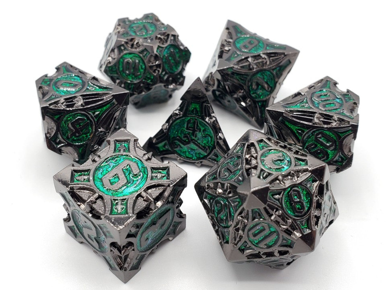 Old School Dice Gnome Forged Black Nickel with Green Metal Poly 7 Set | Odin's Place