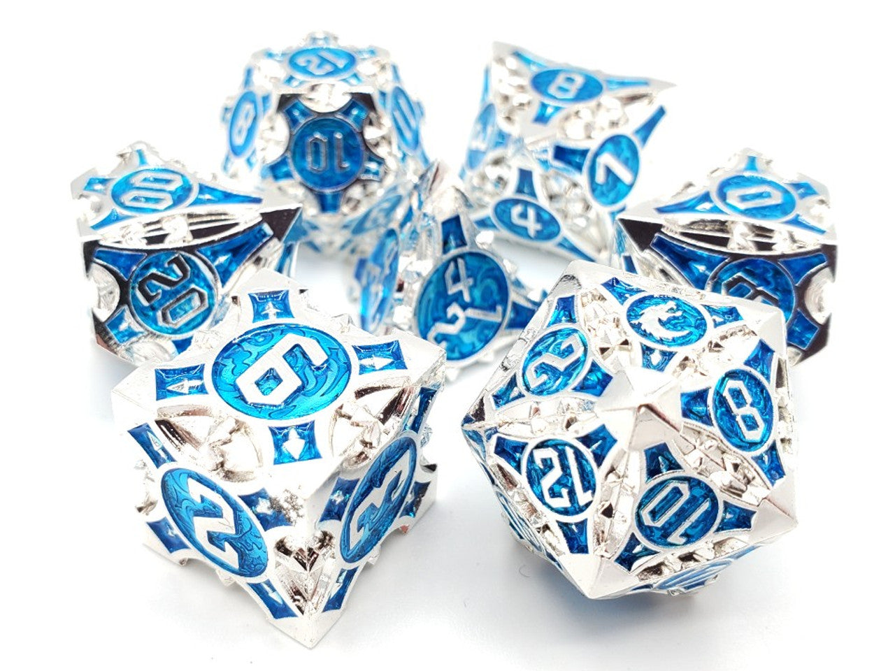 Old School Dice Gnome Forged Silver with Blue Metal Poly 7 Set | Odin's Place