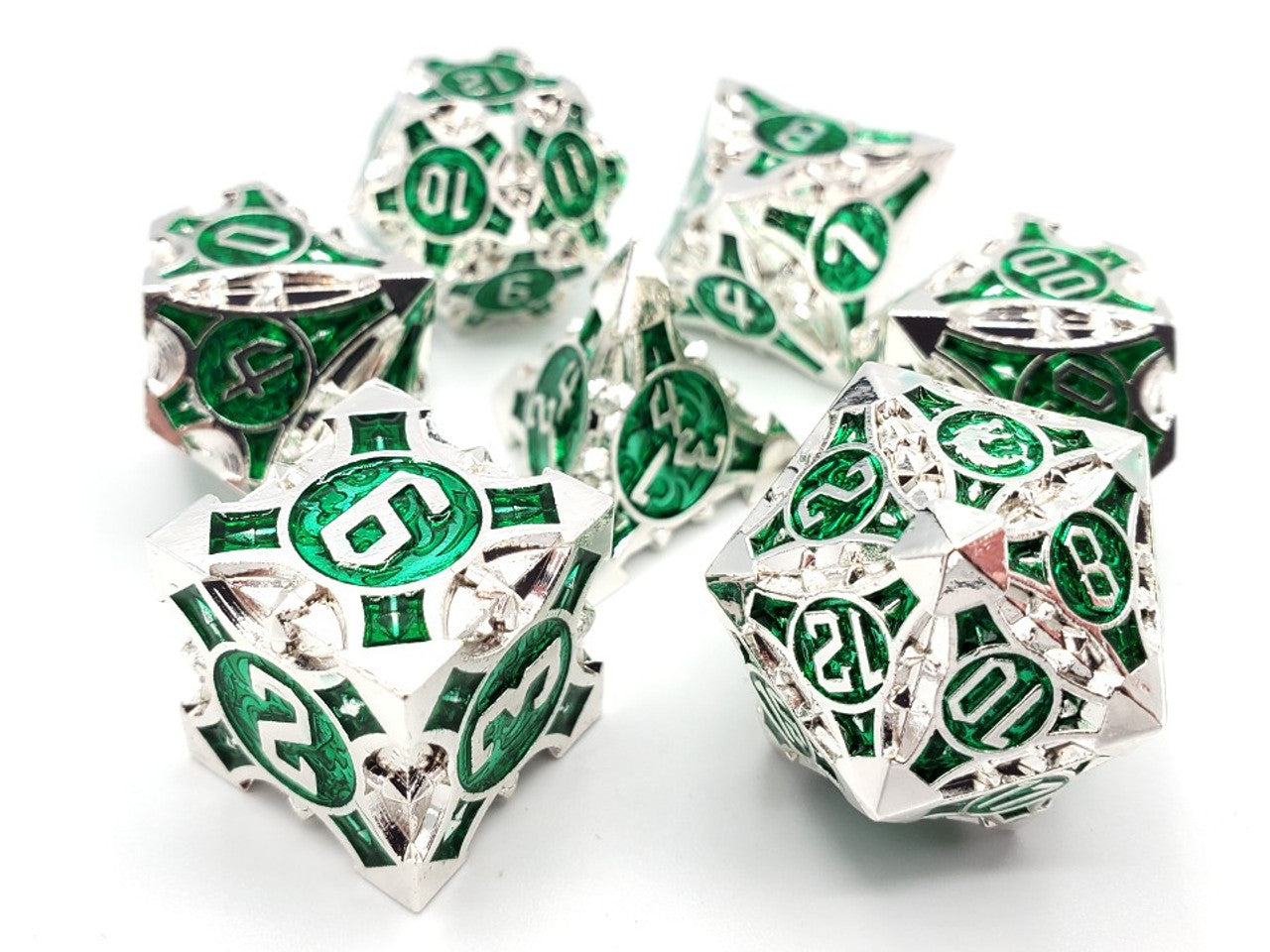 Old School Dice Gnome Forged Silver with Green Metal Poly 7 Set | Odin's Place