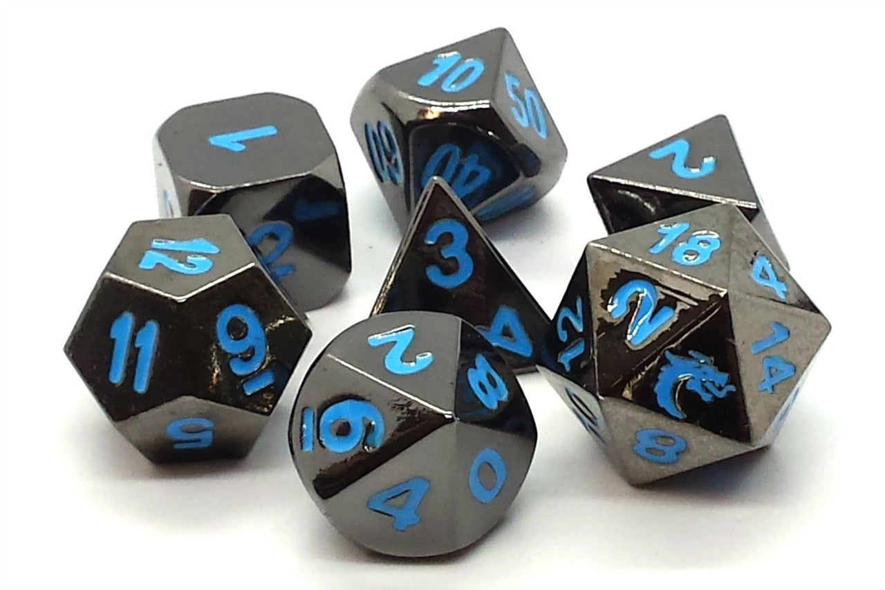 Old School Dice Halfling Forged Black Nickel with Blue Metal Poly 7 Set | Odin's Place