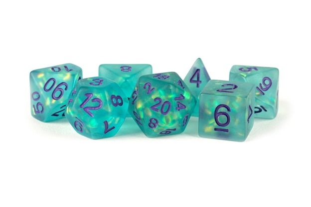 MDG Poly 7 Dice Set: Icy Opal Teal with Purple Numerals | Odin's Place