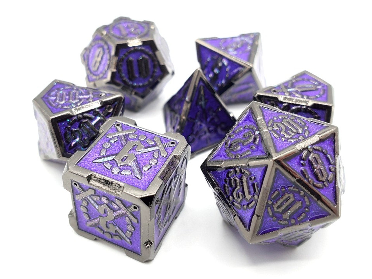 Old School Dice Knights of the Round Table Black with Amethyst Metal Poly 7 Set | Odin's Place