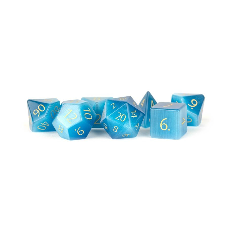 MDG 16mm Stone: Engraved Catseye Aquamarine Stone Poly 7 Dice Set | Odin's Place