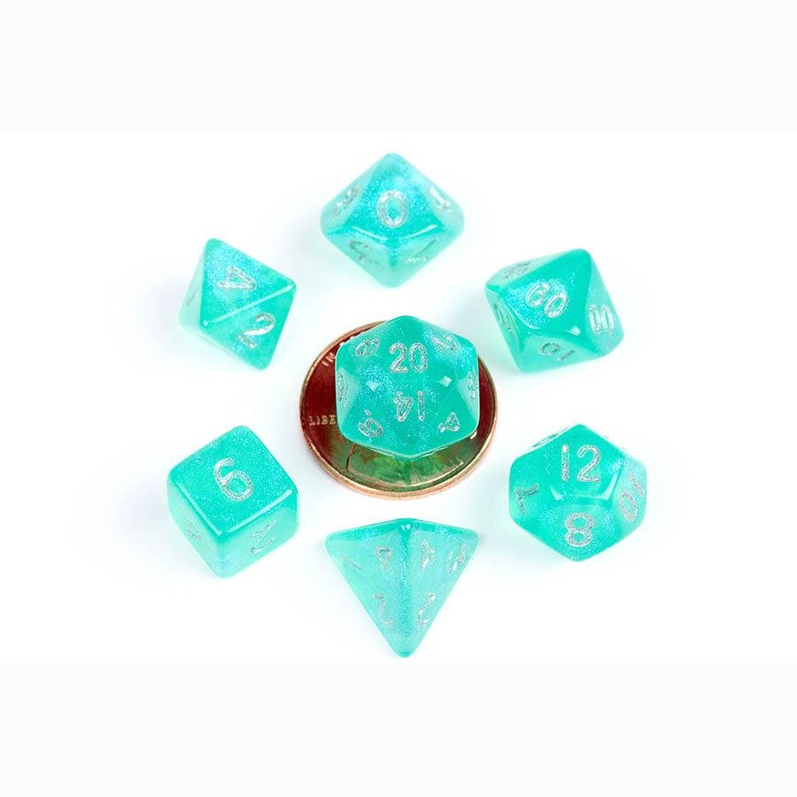 MDG MINI Poly 7 Set: Stardust Turquoise with Silver Numbers | Odin's Place