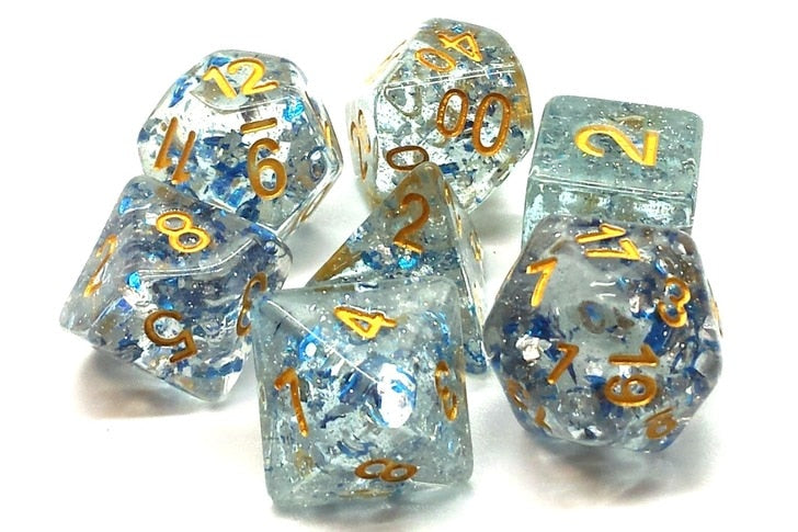 Old School Dice Particles Blue Gold Poly 7 Set | Odin's Place