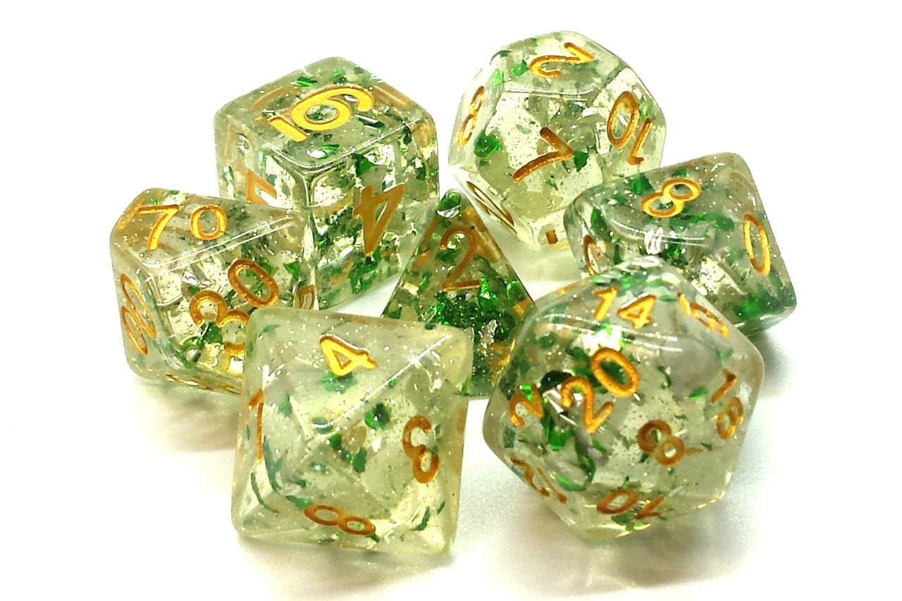 Old School Dice Particles Green Gold Poly 7 Set | Odin's Place