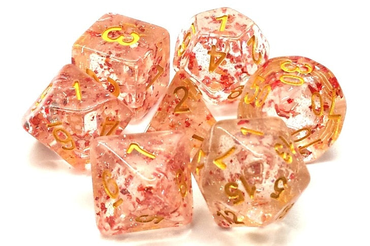 Old School Dice Particles Red Gold Poly 7 Set | Odin's Place