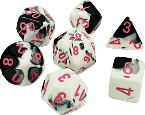 Chessex Lab Dice 4 Gemini: Black/White/Pink Poly 7 Set | Odin's Place
