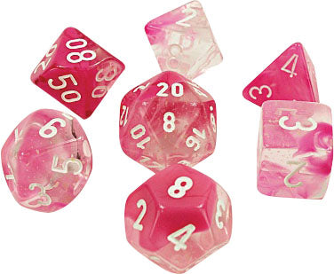 Chessex Lab Dice 4 Gemini: Clear/Pink/White Luminary Poly 7 Set | Odin's Place