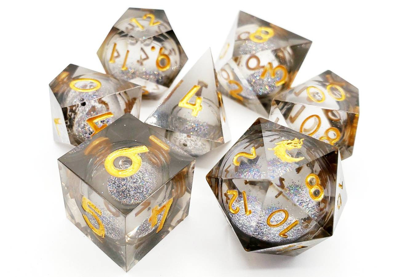 Old School Dice Sharp Edged Liquid Infused Obsidian Fury Poly 7 Dice Set | Odin's Place