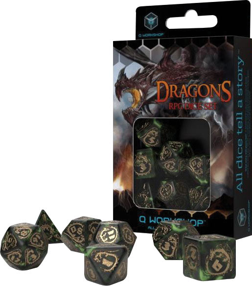 Q Workshop Dragon Poly 7 Dice Set Bottle Green and Gold | Odin's Place