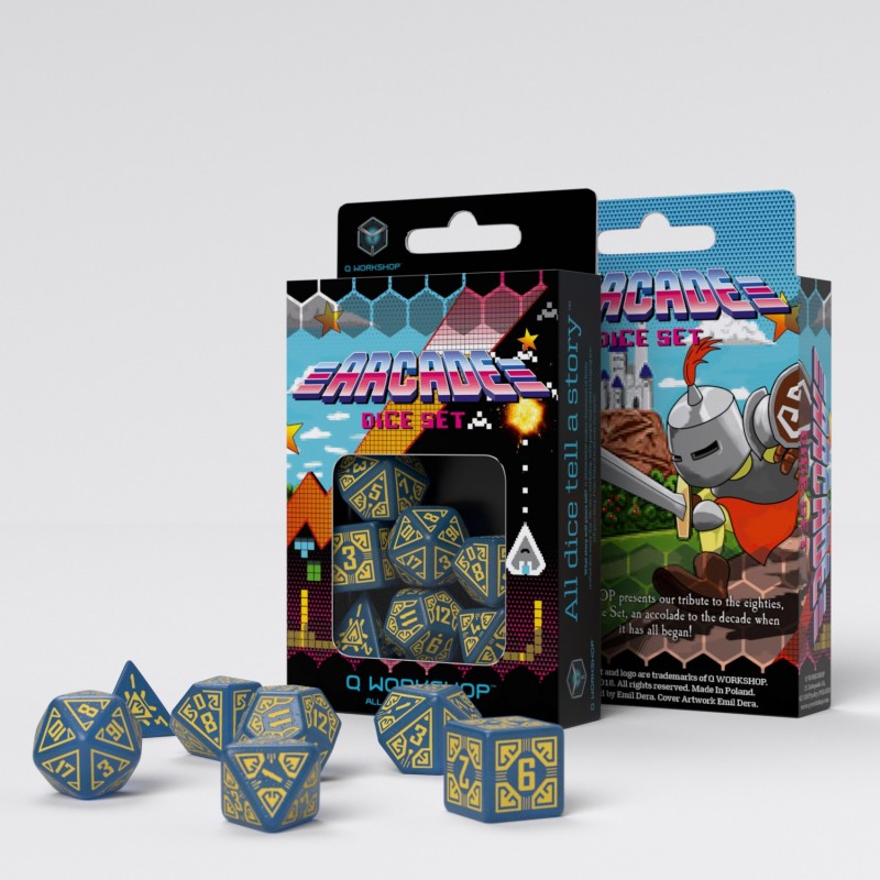 Q Workshop Arcade Poly 7 Dice Set Blue and Yellow | Odin's Place