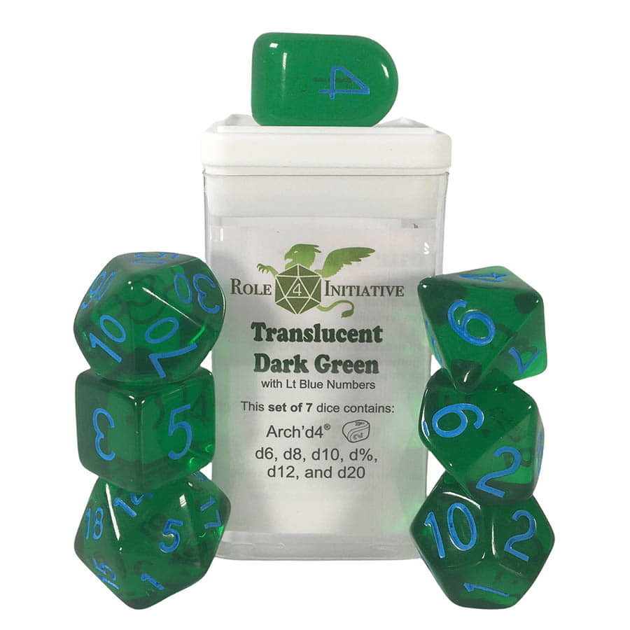 7CT DICE SET WITH ARCH'D4: TRANSLUCENT DARK GREEN WITH LIGHT BLUE NUMERALS | Odin's Place