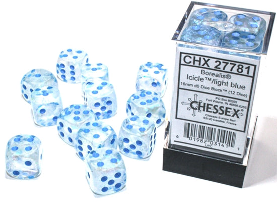 Chessex Borealis Icicle with Light Blue Luminary Glow in the Dark 16mm D6 Set | Odin's Place