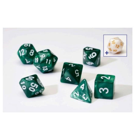 7CT OPAQUE POLY DICE SET - PEARL/GREEN W/WHITE ACRYLIC | Odin's Place