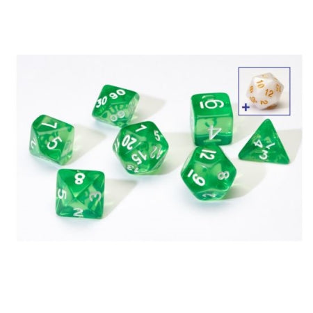7CT TRANSPARENT POLY DICE SET - GREEN W/WHITE RESIN | Odin's Place