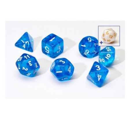 7CT TRANSPARENT POLY DICE SET - BLUE W/WHITE RESIN | Odin's Place