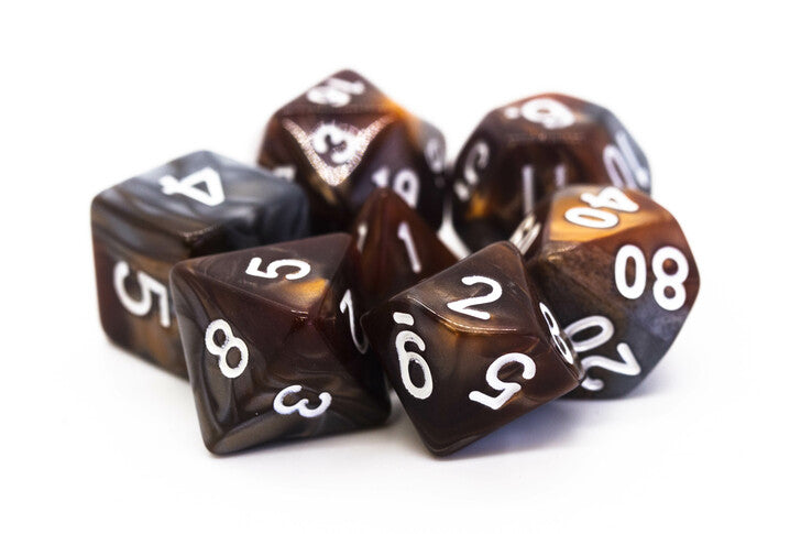 Old School Dice Vorpal Brown & Silver Poly 7 Set | Odin's Place