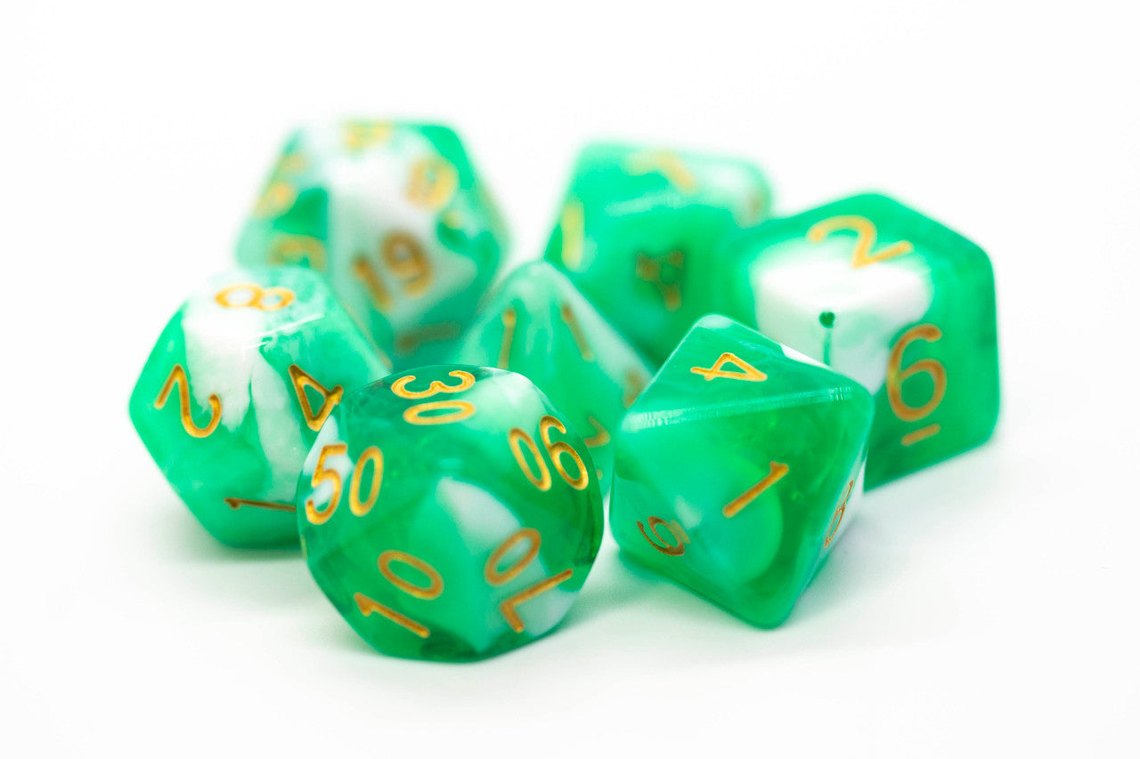 Old School Dice Vorpal - Cyan and White with Gold Poly 7 | Odin's Place