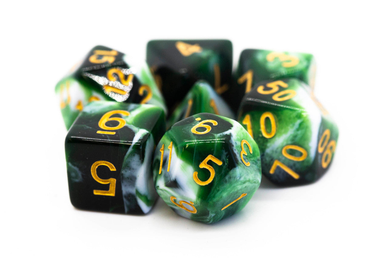Old School Dice Vorpal Green and White with Gold Poly 7 | Odin's Place