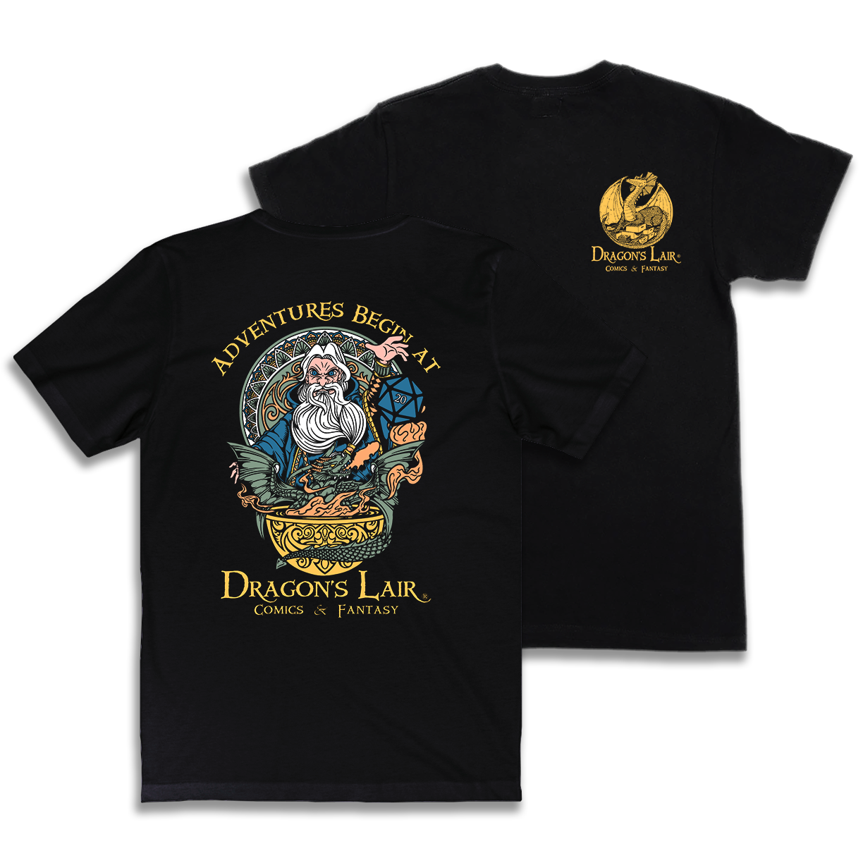 Adventures Begin at Dragon's Lair  Wizard T-Shirt | Odin's Place